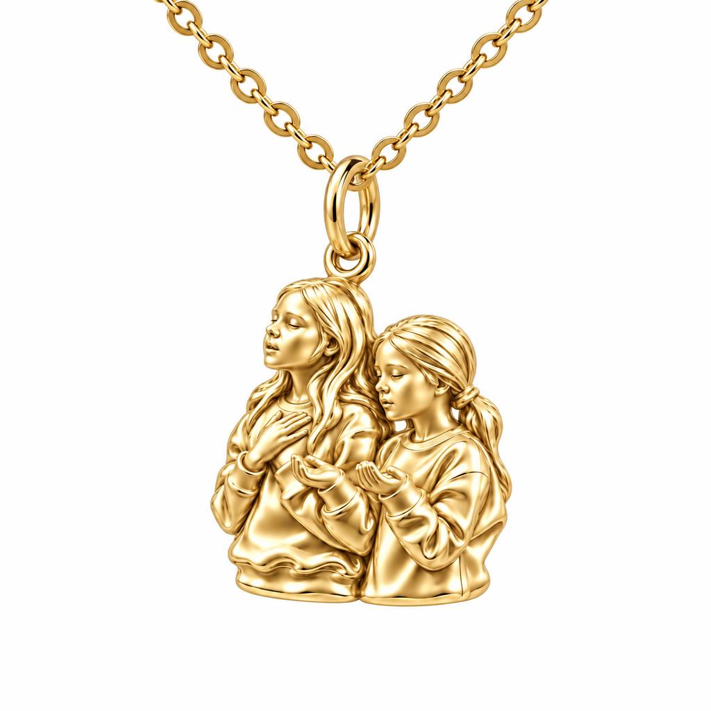 Sisters in Prayer Charm Necklace Set – 18K gold, front view