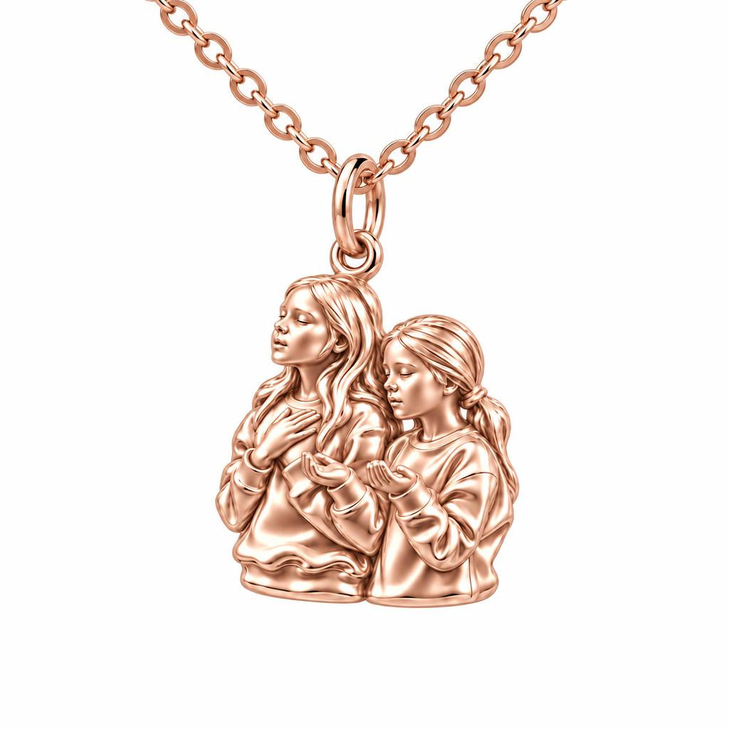Sisters in Prayer Charm Necklace Set – rose gold, front view