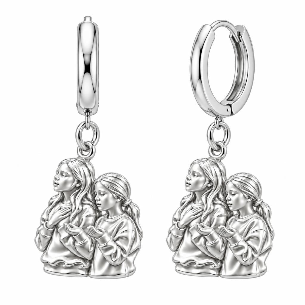 Sisters in Prayer Huggie Charm Earrings – silver, front view
