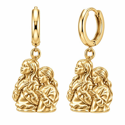Sisters in Prayer Huggie Charm Earrings – 18K gold, front view
