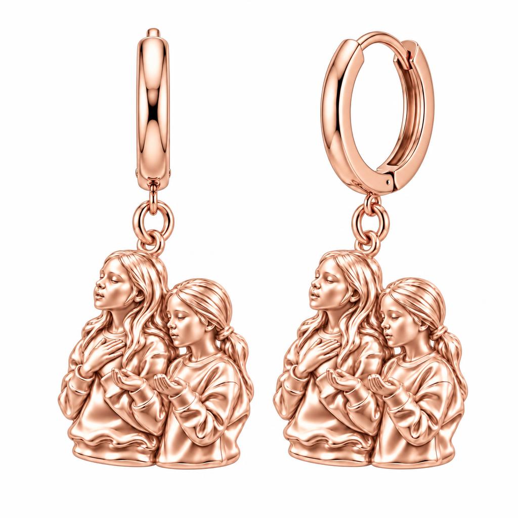 Sisters in Prayer Huggie Charm Earrings – rose gold, front view