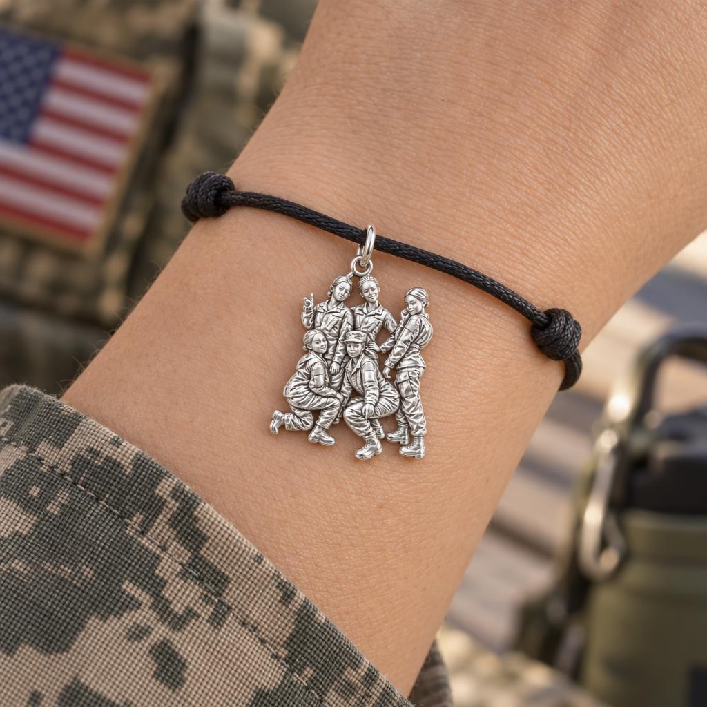Sisters in Service Charm Bracelet – Personalized Veteran Gift – worn on the wrist on a black cord bracelet