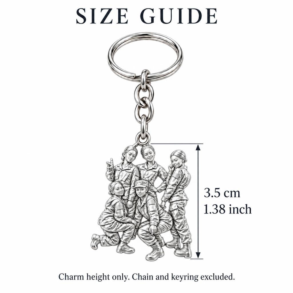 Sisters in Service Charm Keychain – size guide, 3.5 cm (1.38 in) charm, chain and keyring excluded