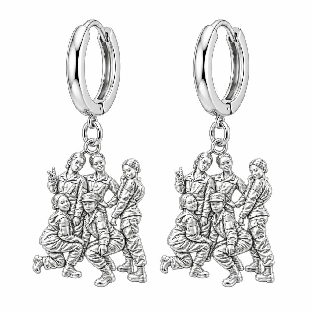 Sisters in Service Huggie Charm Earrings – silver, front view