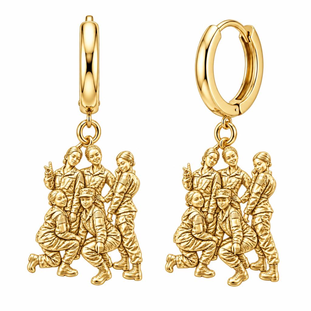 Sisters in Service Huggie Charm Earrings – 18K gold, front view