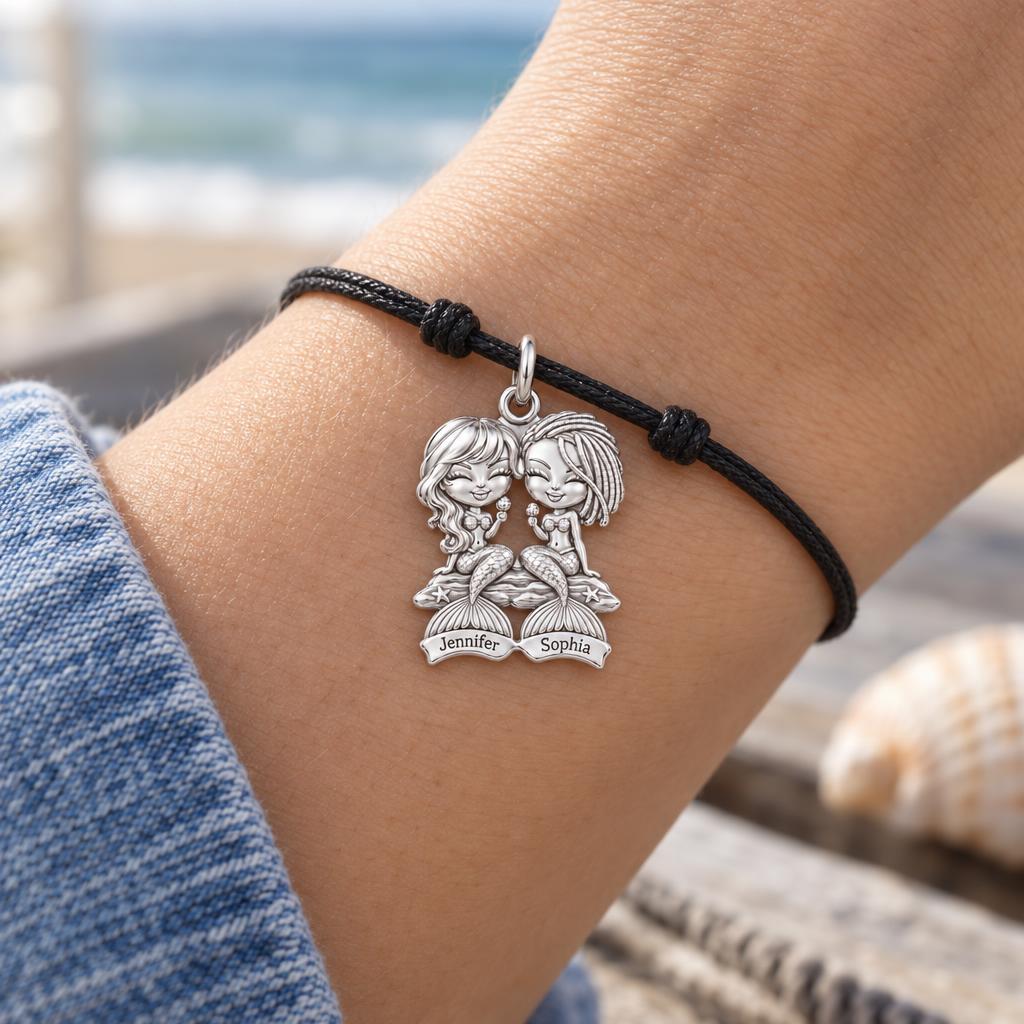 Sisters of the Sea Charm Bracelet – Personalized Bestie Gift – worn on the wrist on a black cord bracelet