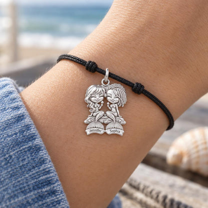 Sisters of the Sea Charm Bracelet – Personalized Bestie Gift – worn on the wrist on a black cord bracelet