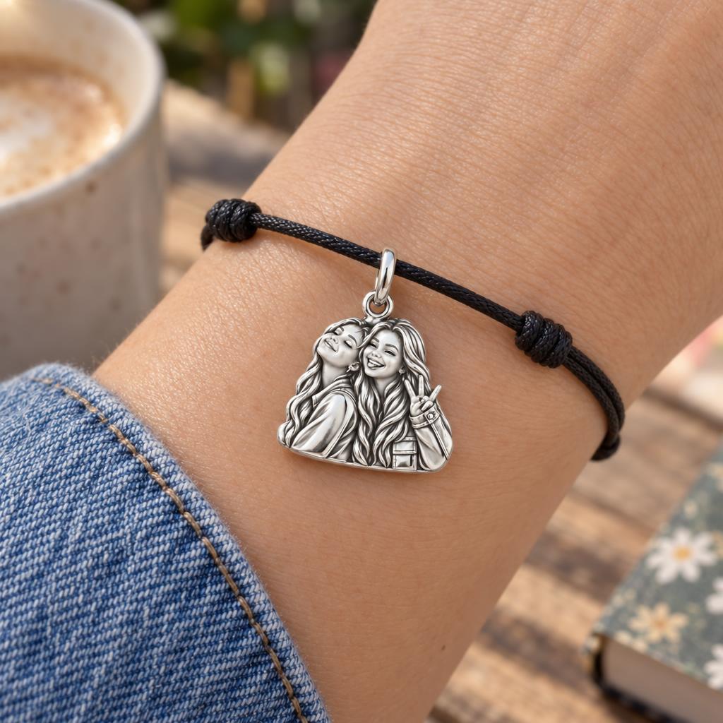 Sisters Side by Side Charm Bracelet – Personalized Sister Gift – worn on the wrist on a black cord bracelet