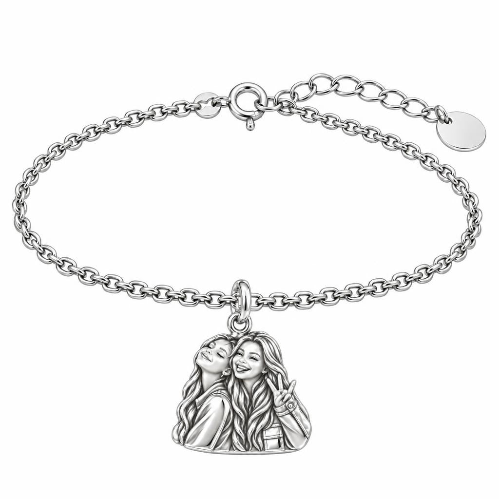 Sisters Side by Side Charm Bracelet Set – silver, front view