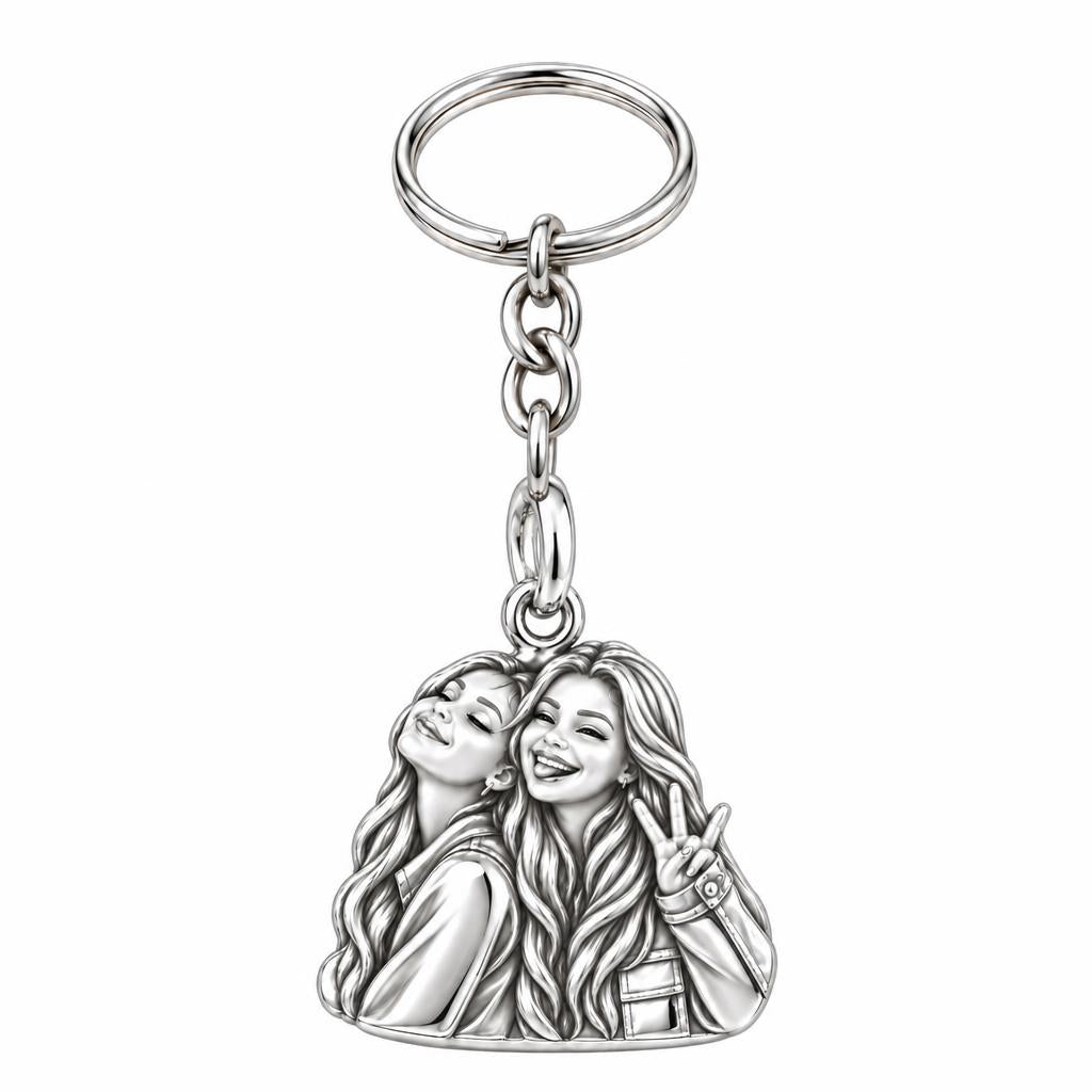 Sisters Side by Side Charm Keychain – silver, front view