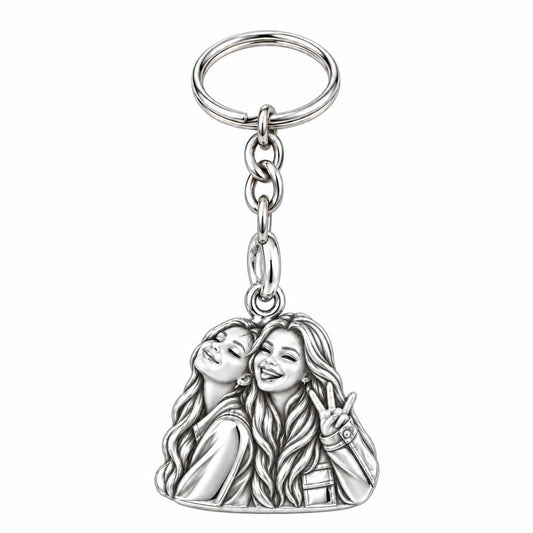 Sisters Side by Side Charm Keychain – silver, front view