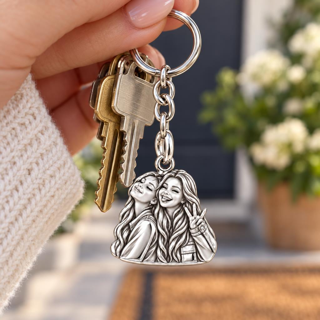 Sisters Side by Side Charm Keychain – worn / in use