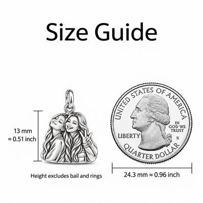 Sisters Side by Side Charm Keychain – size guide, 13 mm charm next to a quarter