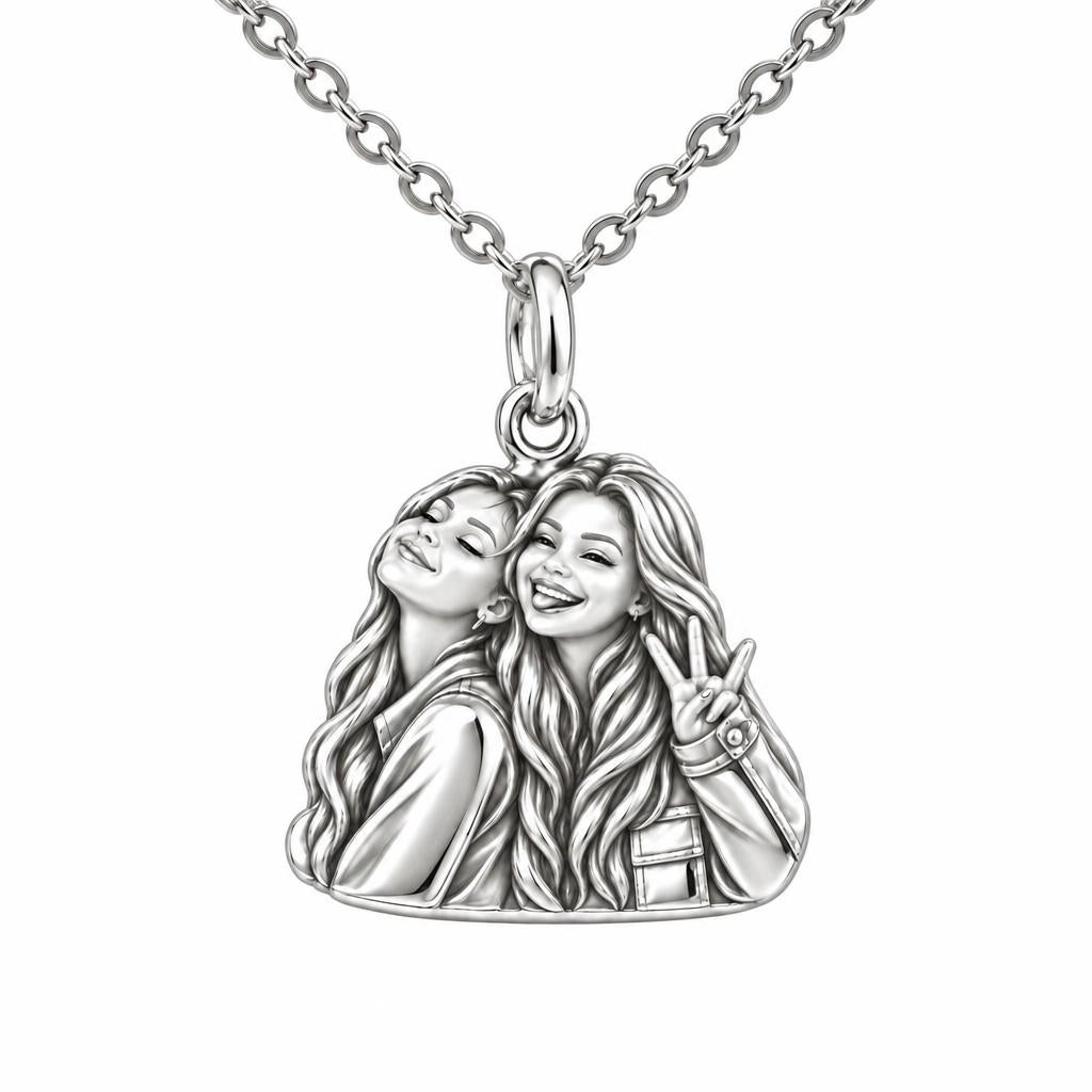 Sisters Side by Side Charm Necklace Set – silver, front view