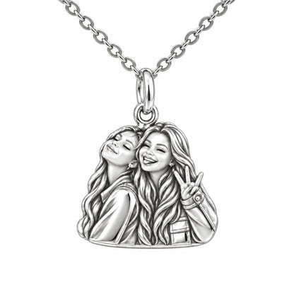 Sisters Side by Side Charm Necklace Set – silver, front view