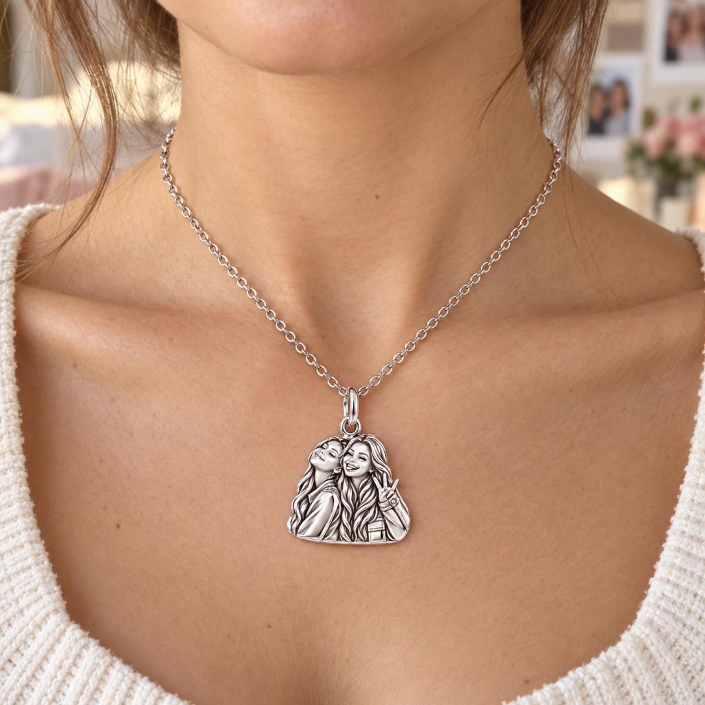 Sisters Side by Side Charm Necklace Set – worn / in use