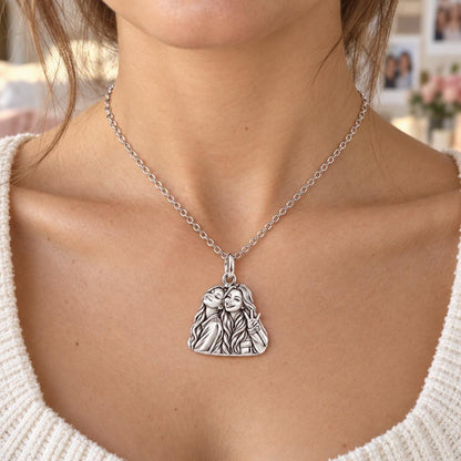 Sisters Side by Side Charm Necklace Set – worn / in use