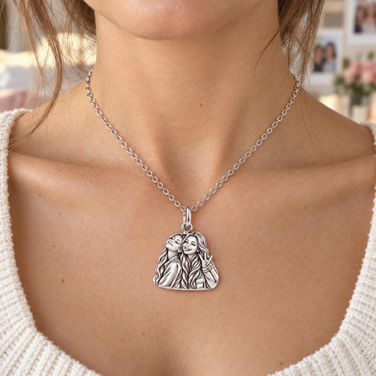 Sisters Side by Side Charm Necklace Set – worn / in use