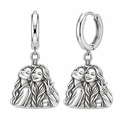 Sisters Side by Side Huggie Charm Earrings – silver, front view