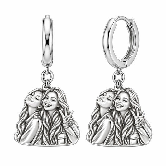 Sisters Side by Side Huggie Charm Earrings – silver, front view