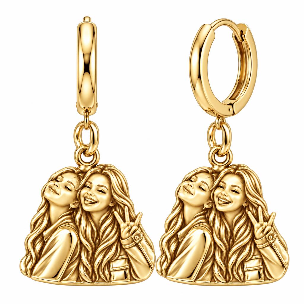 Sisters Side by Side Huggie Charm Earrings – 18K gold, front view