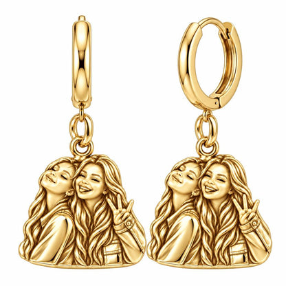 Sisters Side by Side Huggie Charm Earrings – 18K gold, front view