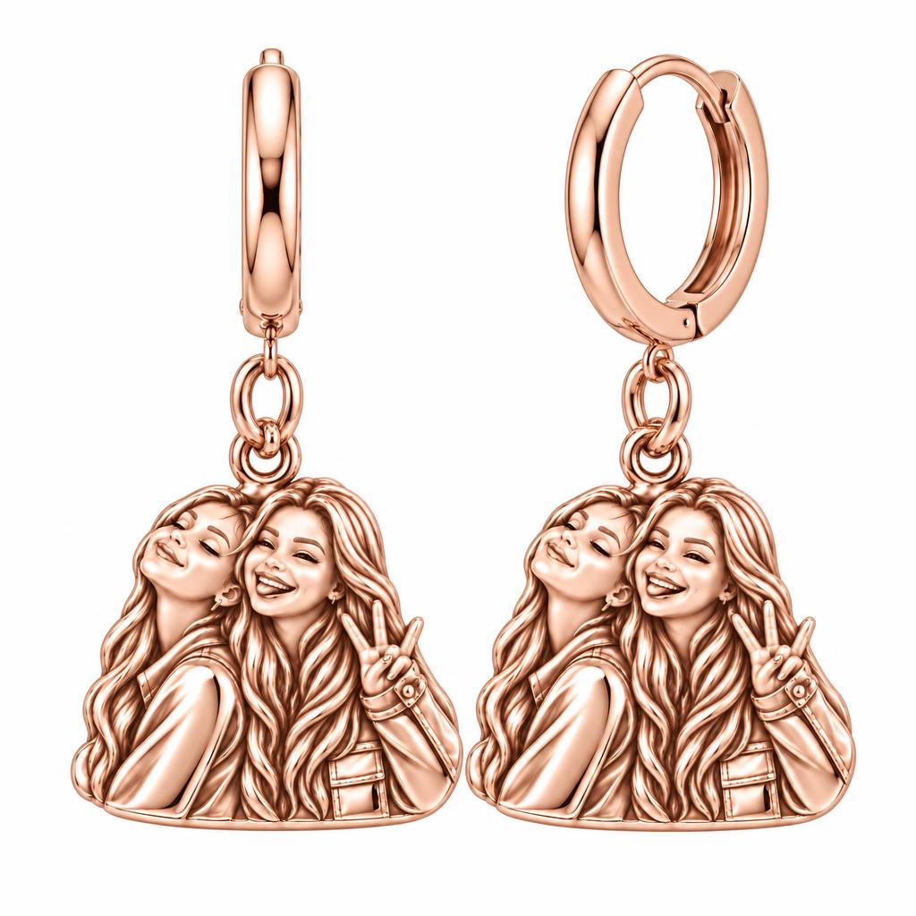 Sisters Side by Side Huggie Charm Earrings – rose gold, front view
