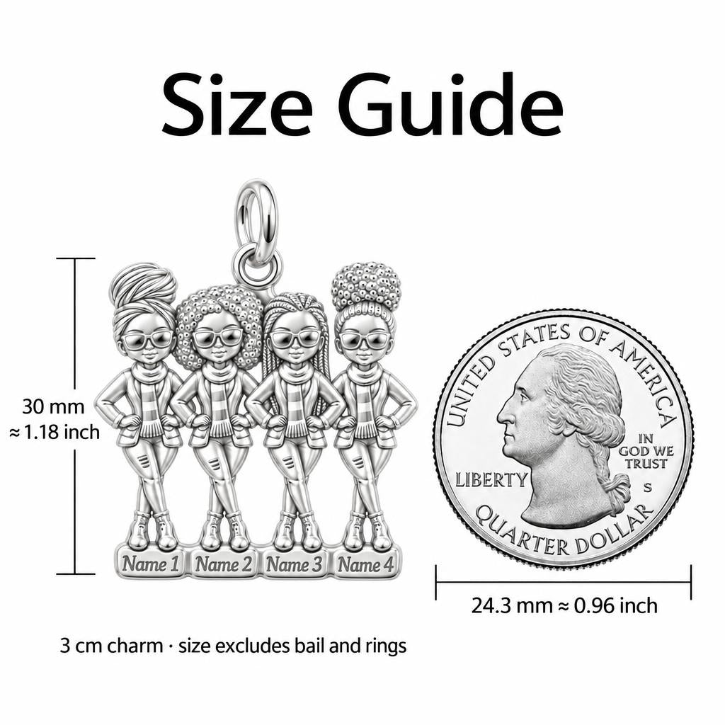 Sisters Standing Together Charm Bracelet – Personalized Sister Gift – size guide, 3 cm charm next to a quarter