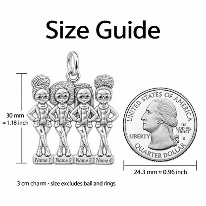 Sisters Standing Together Charm Bracelet – Personalized Sister Gift – size guide, 3 cm charm next to a quarter