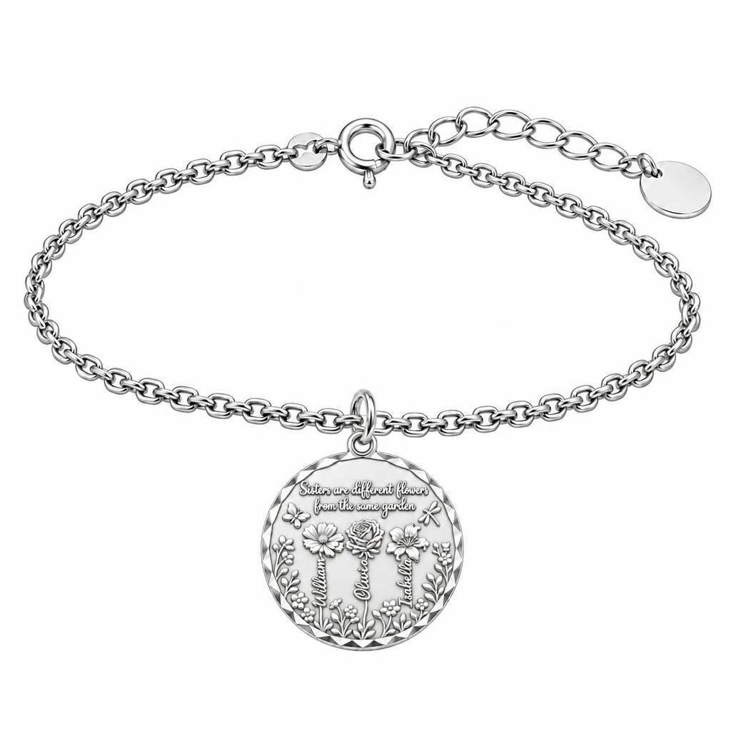 Sisters Wildflower Garden Charm Bracelet Set – silver, front view