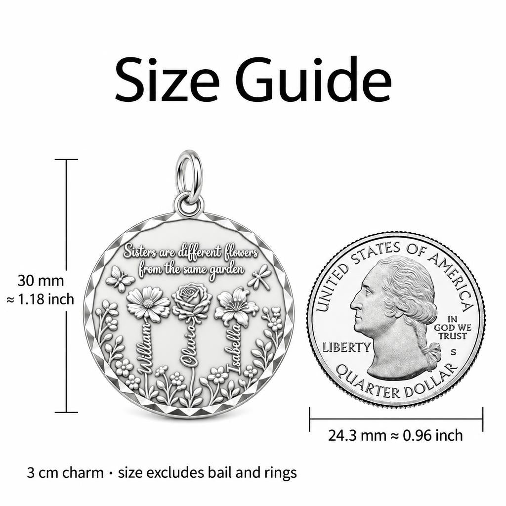Sisters Wildflower Garden Charm Bracelet Set – size guide, 13 mm charm next to a quarter