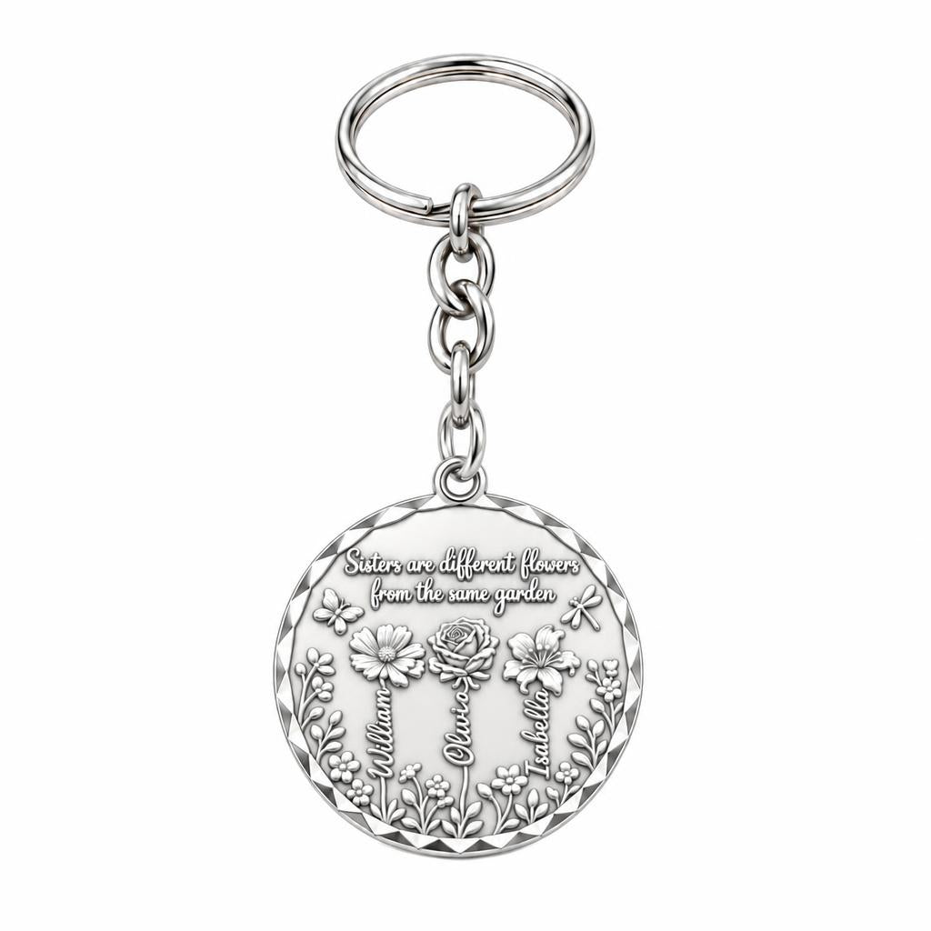 Sisters Wildflower Garden Charm Keychain – silver, front view