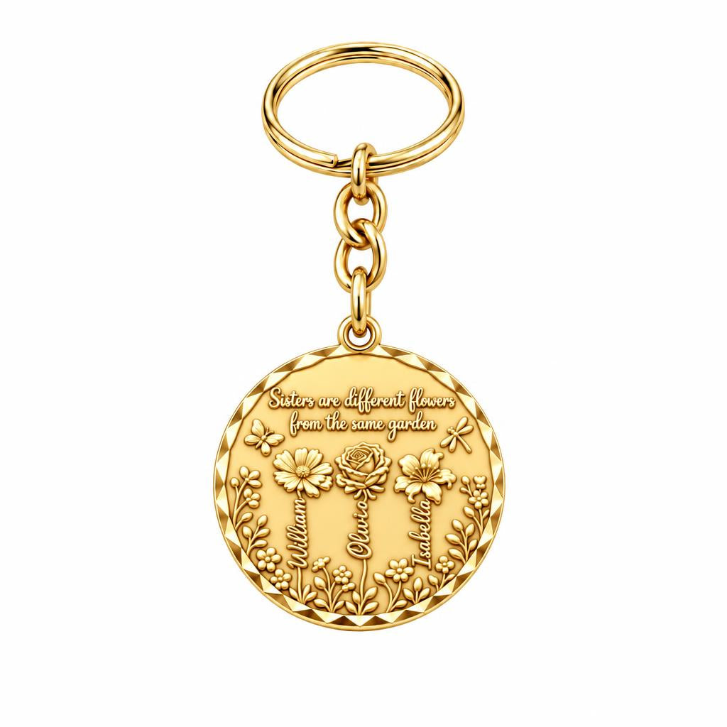 Sisters Wildflower Garden Charm Keychain – 18K gold, front view