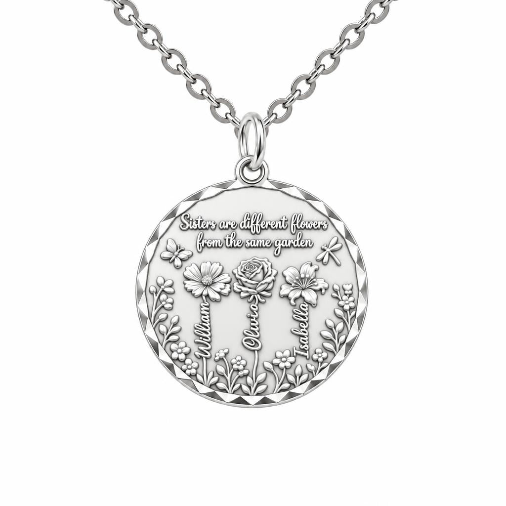 Sisters Wildflower Garden Charm Necklace Set – silver, front view