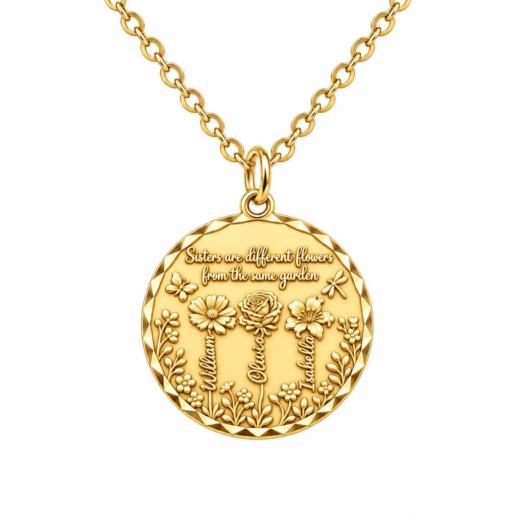 Sisters Wildflower Garden Charm Necklace Set – 18K gold, front view