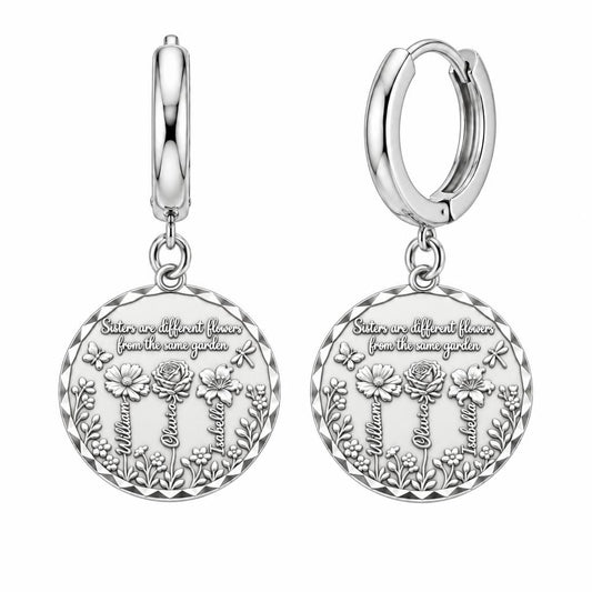 Sisters Wildflower Garden Huggie Charm Earrings – silver, front view