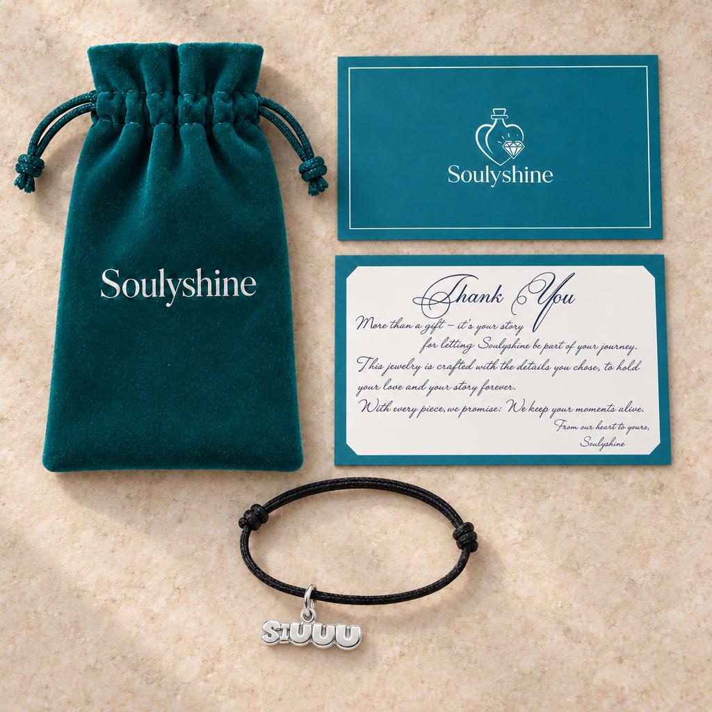 Siuuu Celebration Charm Bracelet – Personalized Athlete Gift – Soulyshine velvet pouch and gift card