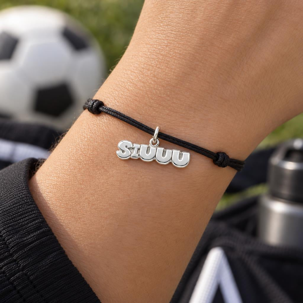 Siuuu Celebration Charm Bracelet – Personalized Athlete Gift – worn on the wrist on a black cord bracelet