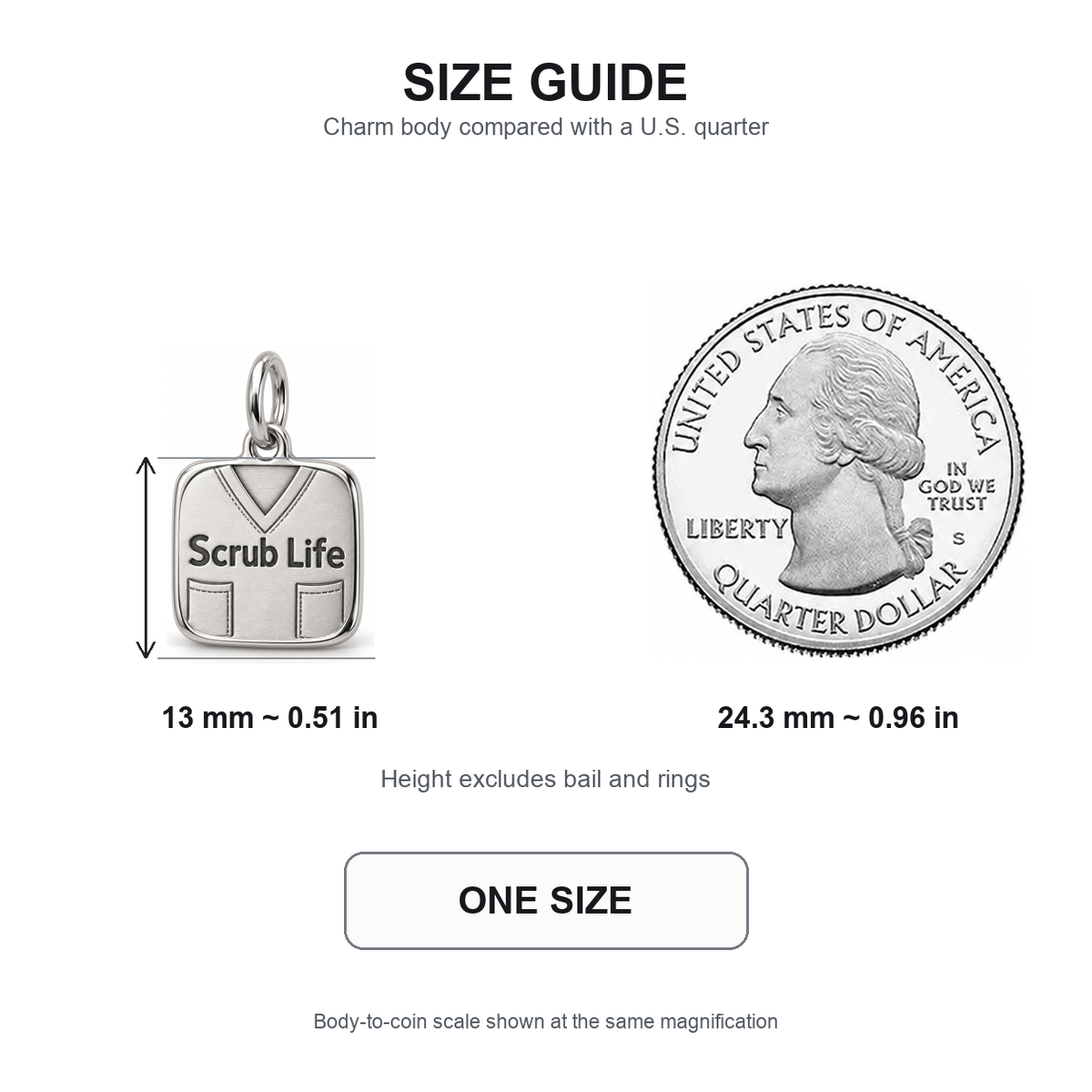 Scrub Life Uniform Engraved Nurse Charm | 13 mm size guide | 2d26a570cd367fbecfb4d8c8af51ee8760eb1bd5775f3ce90d7be1fe61c99b2b