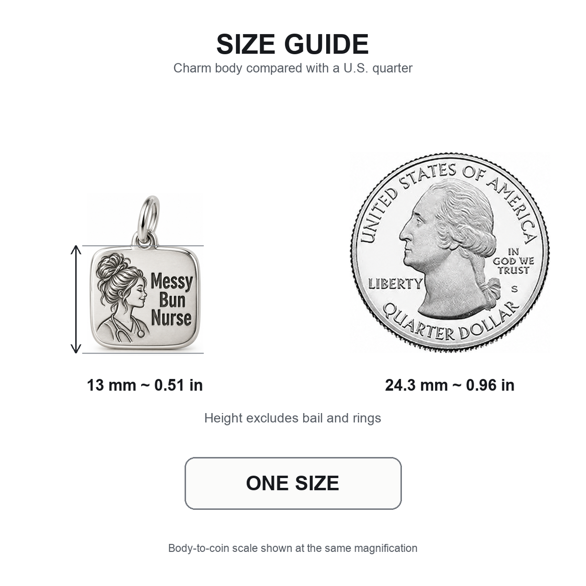 Messy Bun Nurse Engraved Nurse Charm | 13 mm size guide | 045e71a66970441605b85148396f5a11be1d0cbb7bdd0e619d7a6d403f428e6e