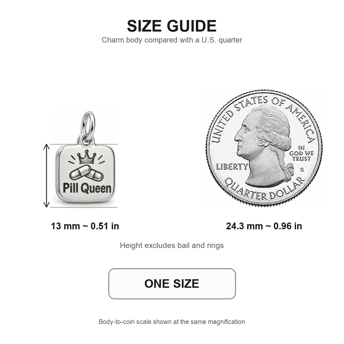 Pill Queen Engraved Nurse Charm | 13 mm size guide | 41897d86fded2cce2ceac4ebcfd6c485726115e51cddb28c1eb1125c67e84c03