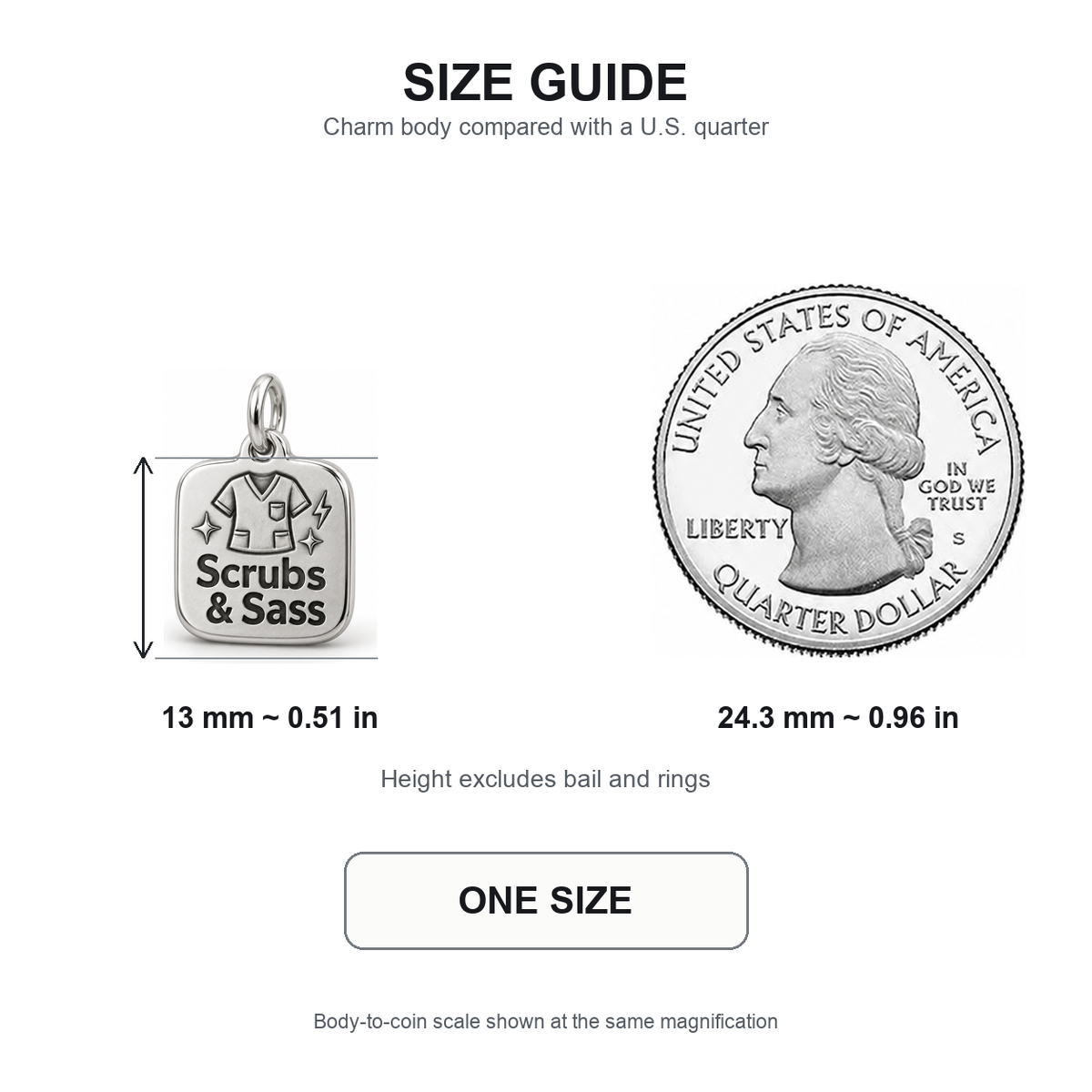 Scrubs & Sass Engraved Nurse Charm | 13 mm size guide | 8d668c5437b29c4a715a0de47d97c508925a2c85b961e76ed5956fd362051657