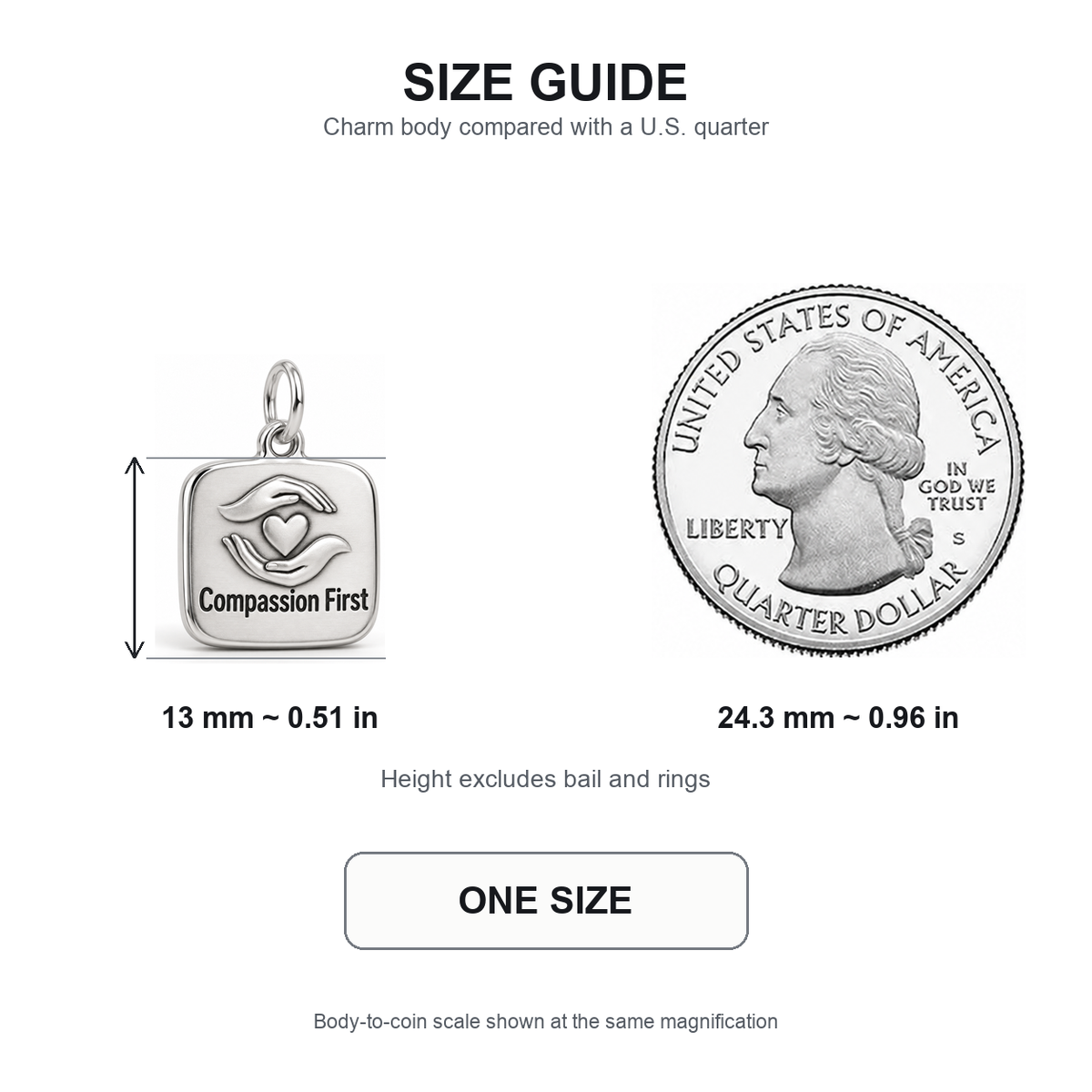 Compassion First Engraved Nurse Charm | 13 mm size guide | 3cd3013bfcce4280657948f894eaf76883bd4aa6af8f4391b90e853e0d079426