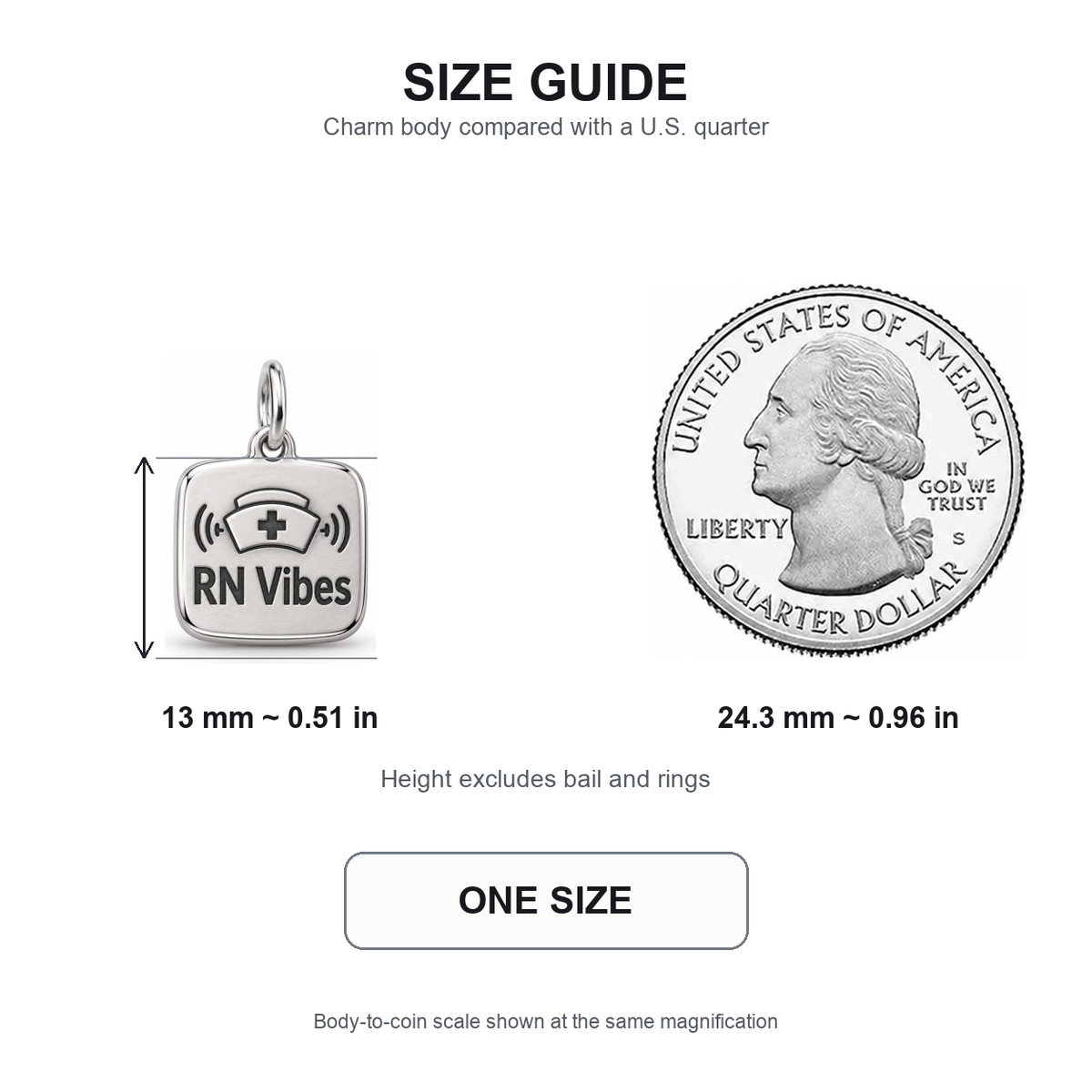 RN Vibes Engraved Nurse Charm | 13 mm size guide | 4f9b37b10b1f99711329bc7c72aa1465d4d46672501d5feba3ef501f63e8f044