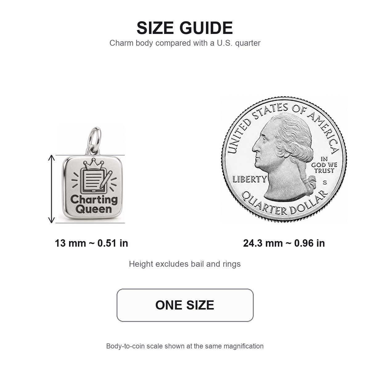 Charting Queen Engraved Nurse Charm | 13 mm size guide | 534c57e1b9732c0f2e1c1c5f0c4bcfc2617d90ca1da998caa766f4add44f1546