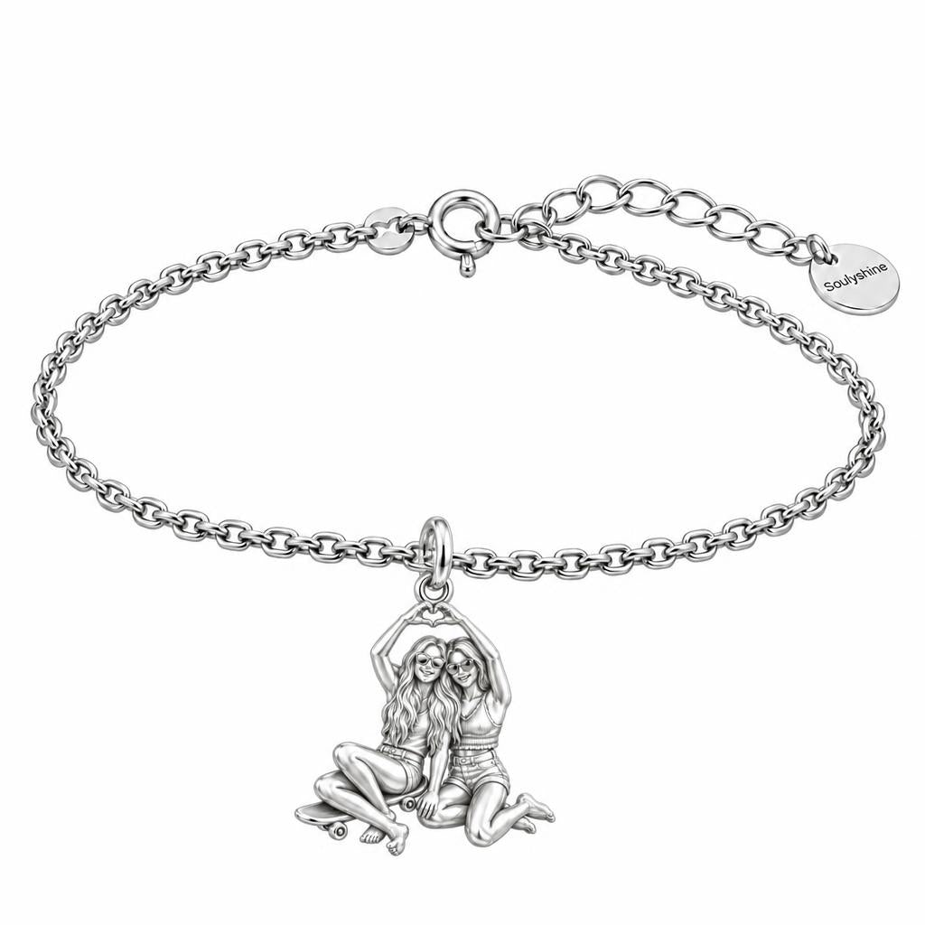 Skater Besties Heart Charm Bracelet Set – silver, front view