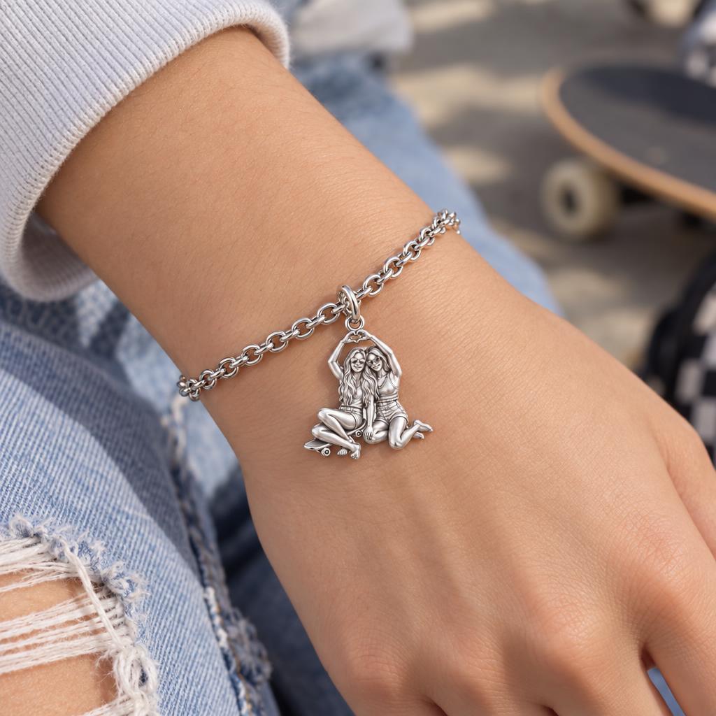 Skater Besties Heart Charm Bracelet Set – worn / in use
