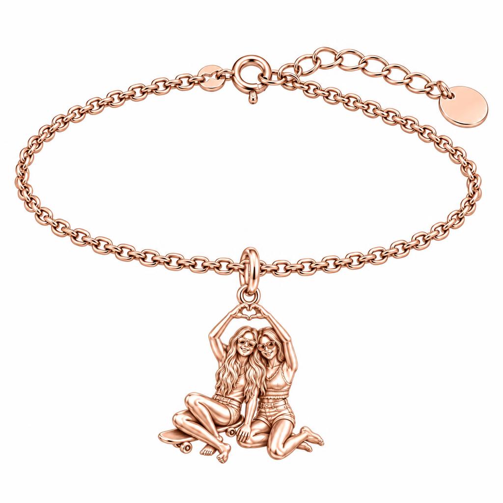 Skater Besties Heart Charm Bracelet Set – rose gold, front view