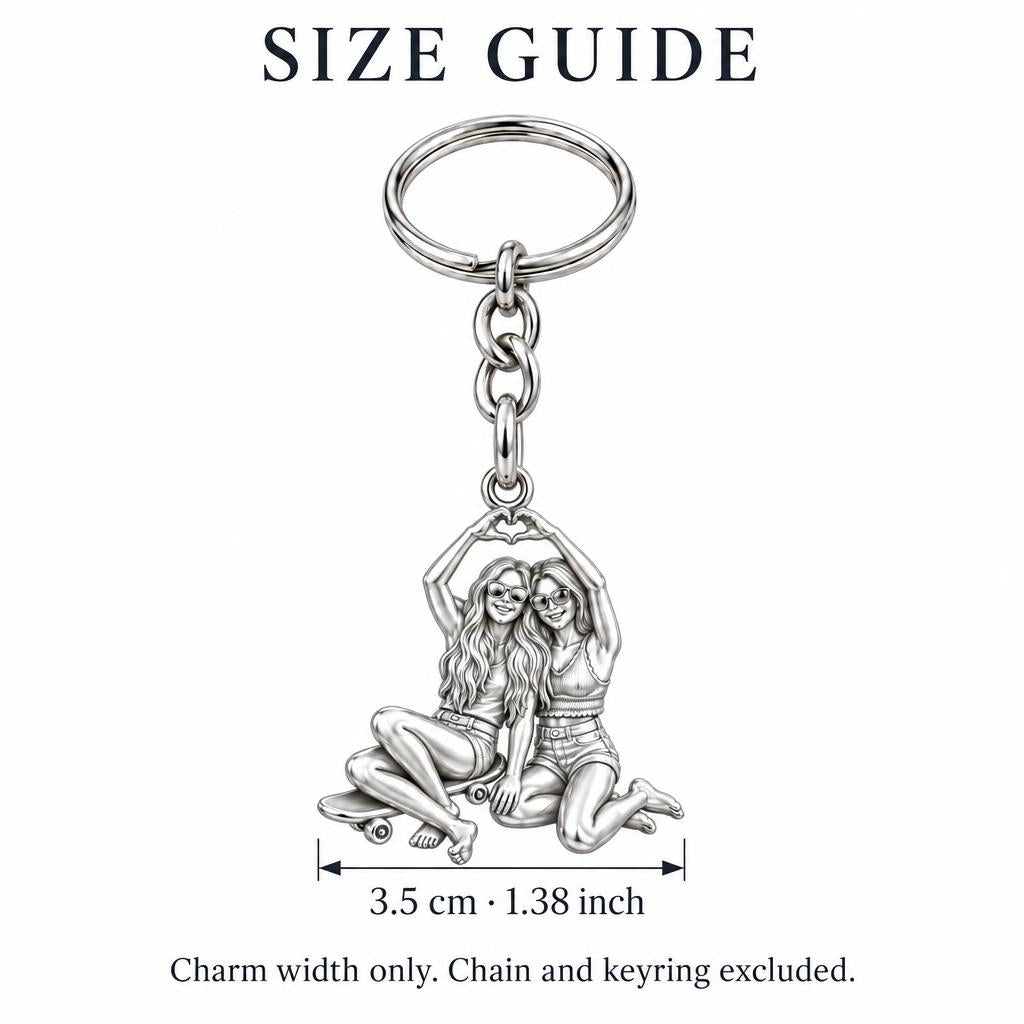 Skater Besties Heart Charm Keychain – size guide, 3.5 cm (1.38 in) charm, chain and keyring excluded