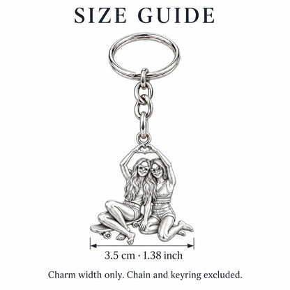 Skater Besties Heart Charm Keychain – size guide, 3.5 cm (1.38 in) charm, chain and keyring excluded